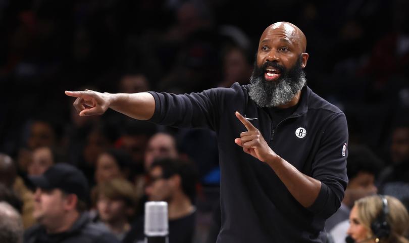 FILE - Brooklyn Nets head coach Jacque Vaughn instructs his players against the Detroit Pistons during the second half of an NBA basketball game, Saturday, Dec. 23, 2023, in New York. The Brooklyn Nets fired Jacque Vaughn on Monday, Feb. 19, 2024, after ending a disappointing first half of the season with a 50-point loss in Boston in their final game before the All-Star break. About a year after giving Vaughn a contract extension, the Nets changed course and said an interim coach would be named soon.(AP Photo/Noah K. Murray, File)