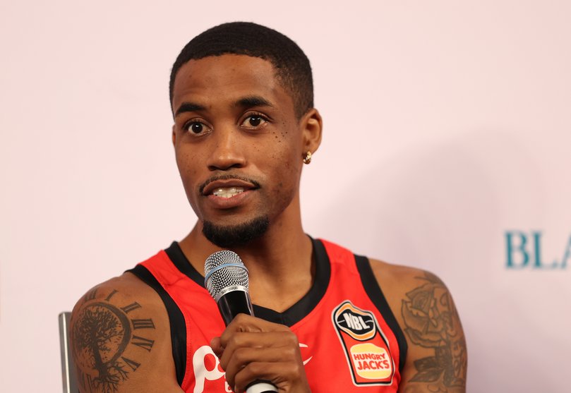 MELBOURNE, AUSTRALIA - FEBRUARY 20: Bryce Cotton of Perth Wildcats speaks to media during the 2024 NBL Finals Launch at John Cain Arena on February 20, 2024 in Melbourne, Australia. (Photo by Kelly Defina/Getty Images for NBL)