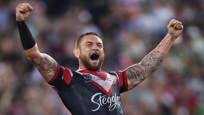 Jared Waerea-Hargreaves celebrates winning the 2019 NRL Grand Final win over the Canberra Raiders. (Photo by Mark Metcalfe/Getty Images)