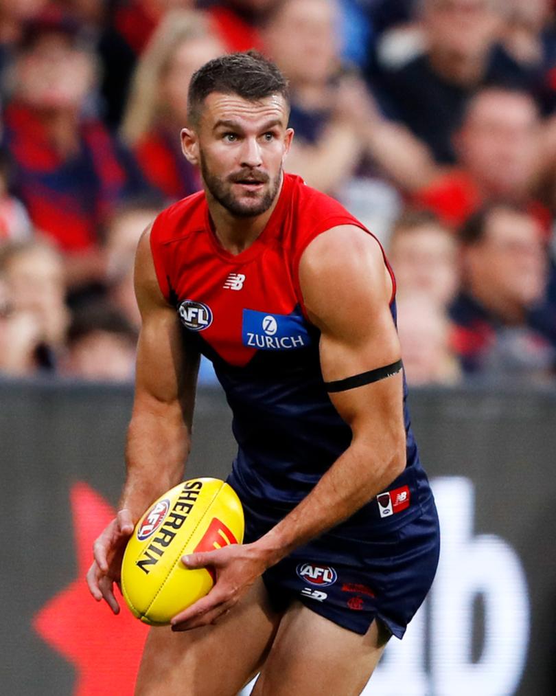 MELBOURNE, AUSTRALIA - MARCH 16: Joel Smith of the Demons looks on during the 2022 AFL Round 01 match between the Melbourne Demons and the Western Bulldogs at the Melbourne Cricket Ground on March 16, 2022 In Melbourne, Australia. (Photo by Dylan Burns/AFL Photos)