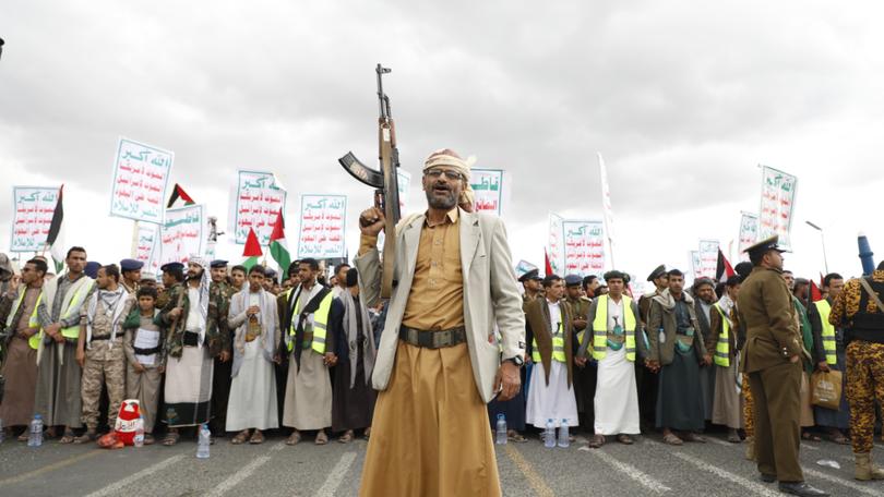 Houthi supporters attend a rally against the U.S.-led airstrikes on Yemen and in support of the Palestinians in the Gaza Strip on Yemen, in Sanaa, Yemen, Friday, Feb. 09, 2024. 