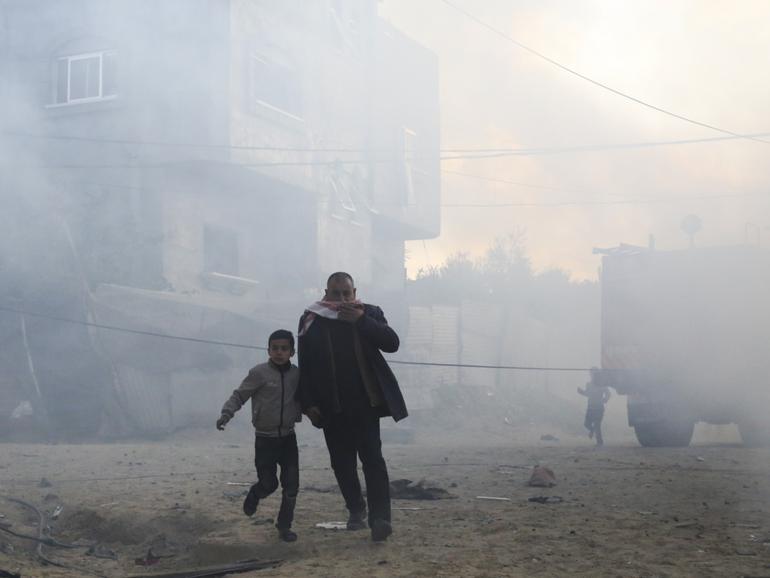 Prince William’ has decried the “terrible human cost” of the conflict in a rare move. Pictured: Palestinians run away after an Israeli strike on a residential building in Rafah.