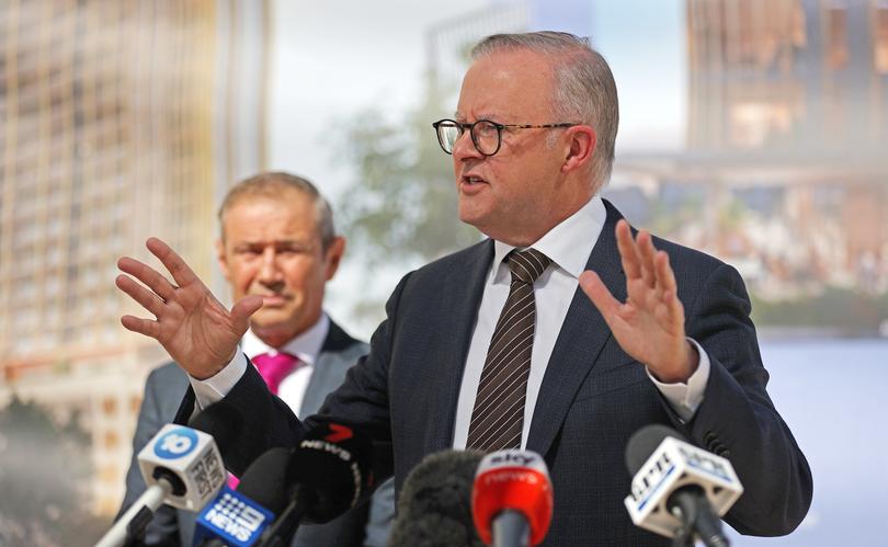 The PM joined the Premier to announce joint funding for an apartment building on Pier St. Pictured - Prime Minister Anthony Albanese