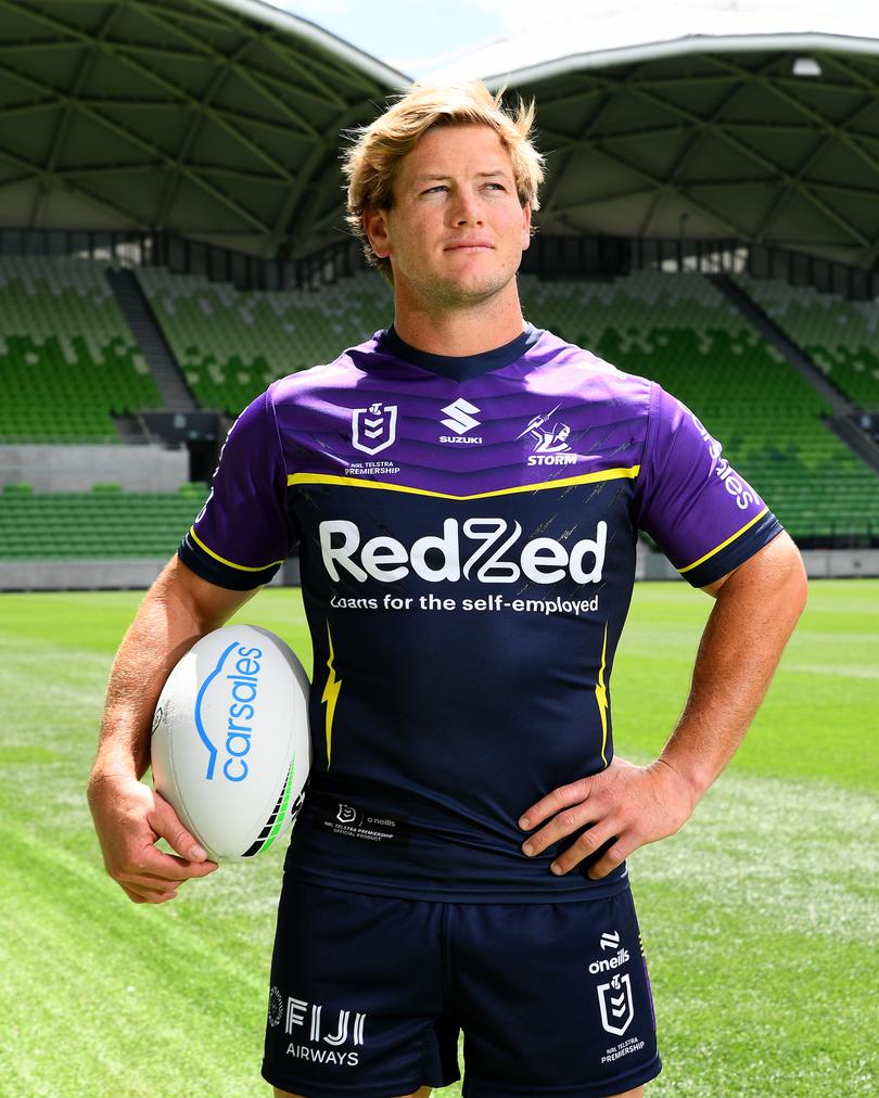 MELBOURNE, AUSTRALIA - FEBRUARY 07: Captain Harry Grant of the Storm poses during a Melbourne Storm NRL captaincy announcement at AAMI Park on February 07, 2024 in Melbourne, Australia. (Photo by Josh Chadwick/Getty Images)