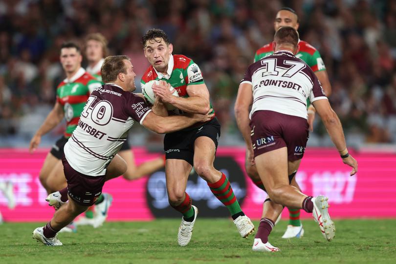 SYDNEY, AUSTRALIA - MARCH 25:  Cameron Murray of the Rabbitohs is tackled during the round four NRL match between South Sydney Rabbitohs and Manly Sea Eagles at Accor Stadium on March 25, 2023 in Sydney, Australia. (Photo by Mark Metcalfe/Getty Images)