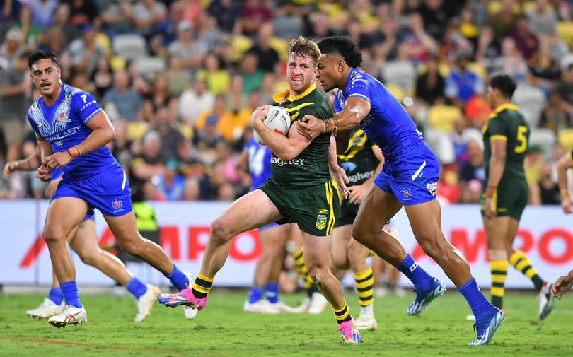 Cameron Munster of the Kangaroos during the 2023 Pacific Championships men’s rugby league match between Australia and  Samoa at Queensland Country Bank Stadium in Townsville, Saturday, October 14, 2023. (AAP Image/Scott Radford-Chisholm) NO ARCHIVING, EDITORIAL USE ONLY