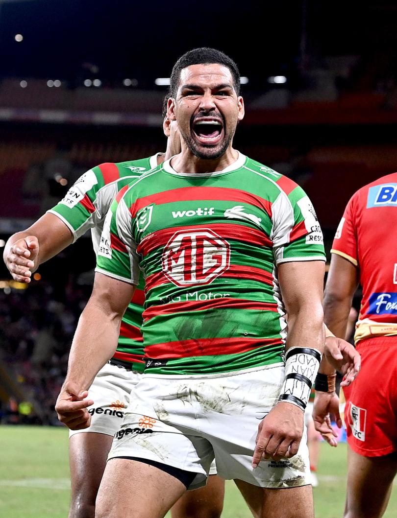 BRISBANE, AUSTRALIA - APRIL 13: Cody Walker of the Rabbitohs celebrates scoring a try during the round seven NRL match between the Dolphins and South Sydney Rabbitohs at Suncorp Stadium on April 13, 2023 in Brisbane, Australia. (Photo by Bradley Kanaris/Getty Images)