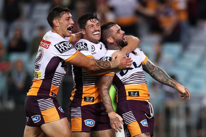 SYDNEY, AUSTRALIA - MAY 05: Adam Reynolds of the Broncos celebrates scoring a try during the round nine NRL match between the South Sydney Rabbitohs and the Brisbane Broncos at Accor Stadium, on May 05, 2022, in Sydney, Australia. (Photo by Cameron Spencer/Getty Images)