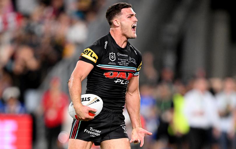 SYDNEY, AUSTRALIA - OCTOBER 01: Nathan Cleary of the Panthers celebrates after scoring the match winning try during the 2023 NRL Grand Final match between Penrith Panthers and Brisbane Broncos at Accor Stadium on October 01, 2023 in Sydney, Australia. (Photo by Bradley Kanaris/Getty Images)