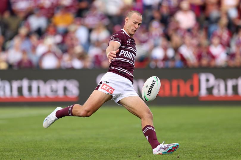 MUDGEE, AUSTRALIA - APRIL 01: Daly Cherry-Evans of the Sea Eagles kicks during the round five NRL match between Manly Sea Eagles and Newcastle Knights at Glen Willow Sporting Complex on April 01, 2023 in Mudgee, Australia. (Photo by Brendon Thorne/Getty Images)
