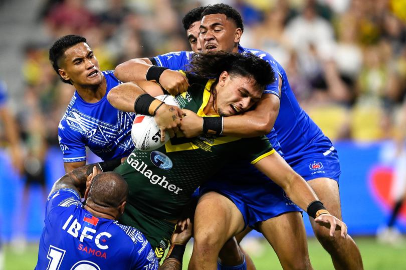 Tino Fa’asuamaleaui’s strong 2023 form earnt him a spot in the Kangaroos team for the Pacific Championship last year.