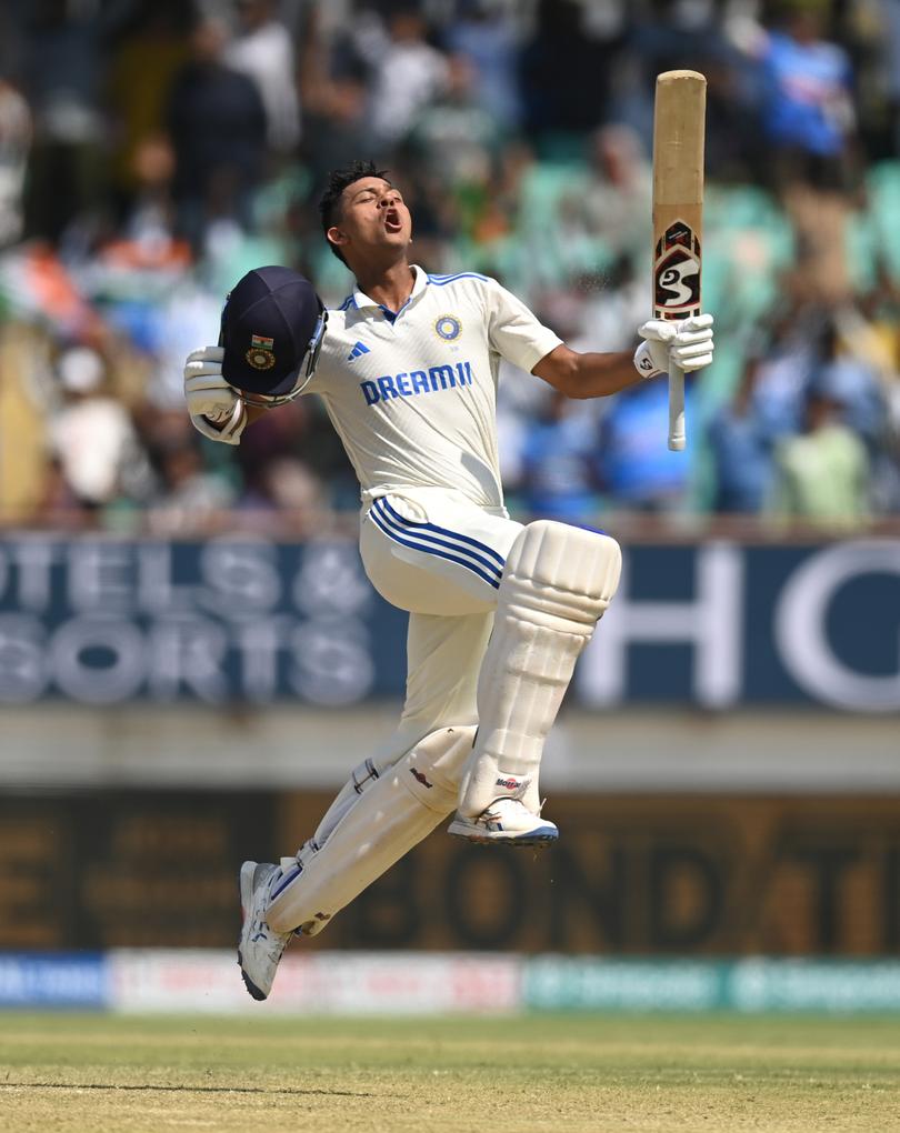 RAJKOT, INDIA - FEBRUARY 18: India batsman Yashasvi Jaiswal celebrates after reaching his double century during day four of the 3rd Test Match between India  and England at Saurashtra Cricket Association Stadium on February 18, 2024 in Rajkot, India. (Photo by Gareth Copley/Getty Images)