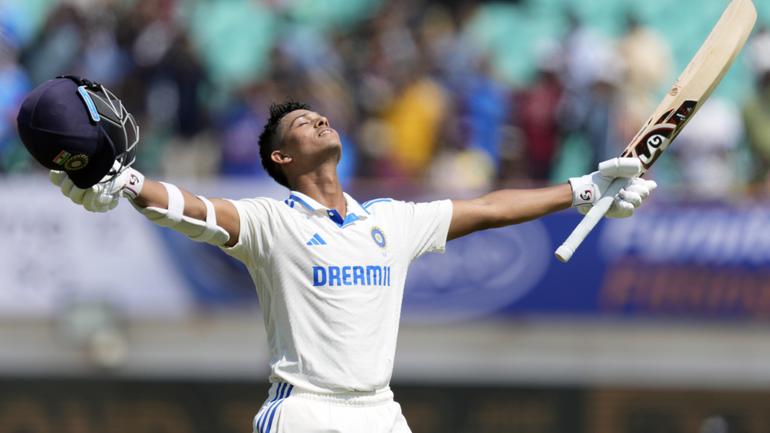 India's Yashasvi Jaiswal celebrates his double century on the fourth day of the third cricket test match between England and India in Rajkot, India, Sunday, Feb. 18, 2024. (AP Photo/Ajit Solanki)