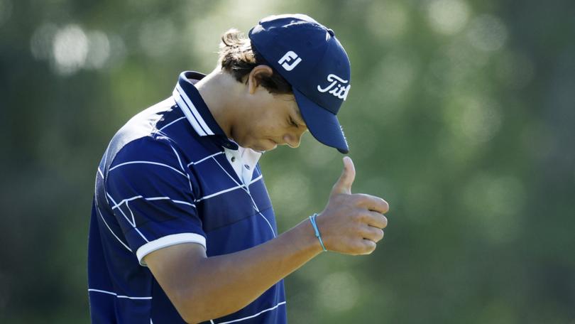 Charlie Woods reacts on the tenth green during pre-qualifying for The Cognizant Classic in The Palm Beaches at Lost Lake Golf Club, (Photo by Cliff Hawkins/Getty Images)