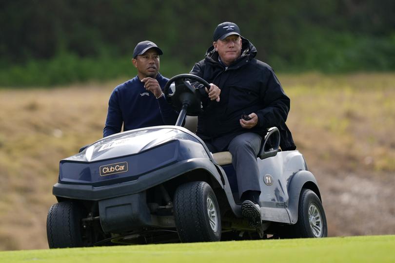 Tiger Woods is driven off the course after withdrawing during the second round of the Genesis Invitational golf tournament at Riviera Country Club Friday, Feb. 16, 2024, in the Pacific Palisades area of Los Angeles. (AP Photo/Ryan Sun)