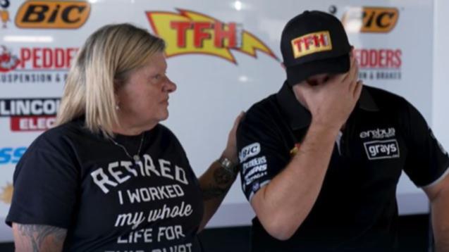 Erebus Motorsport owner Betty Klimenko with under fire boss Barry Ryan during an emotional interview on Friday.