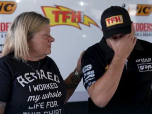 Erebus Motorsport owner Betty Klimenko with under fire boss Barry Ryan during an emotional interview on Friday.