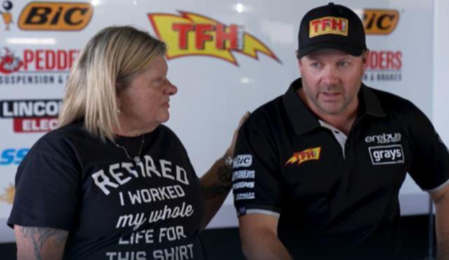 Erebus Motorsport owner Betty Klimenko with under fire boss Barry Ryan during an emotional interview on Friday. 