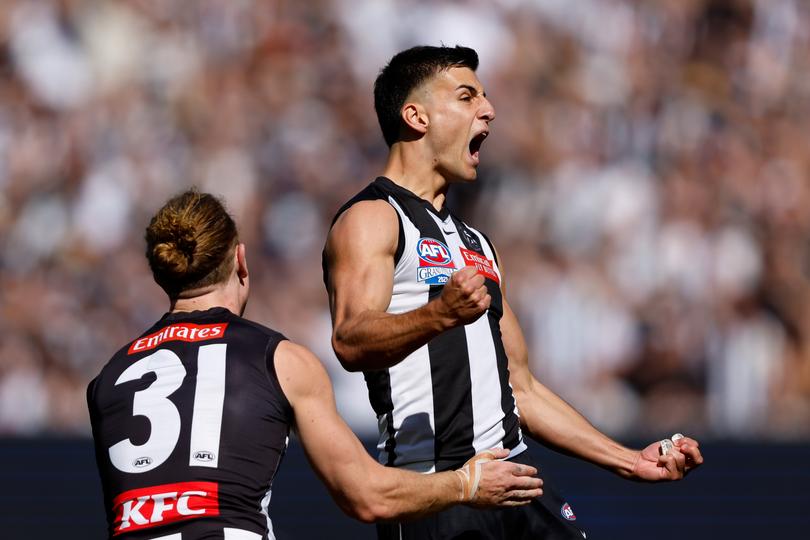 Nick Daicos celebrates a goal during the 2023 AFL Grand Final. 