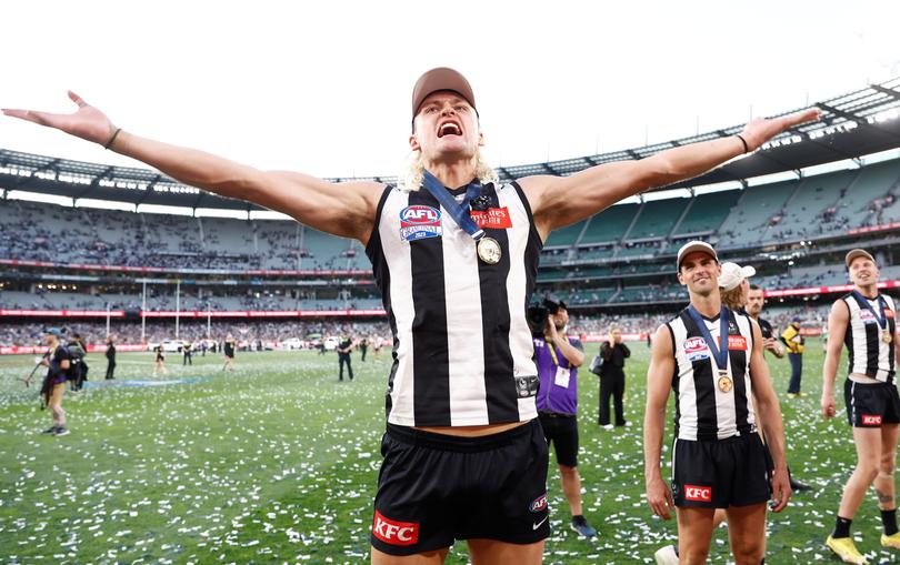 Darcy Moore led the Magpies in their 2023 flag win. 