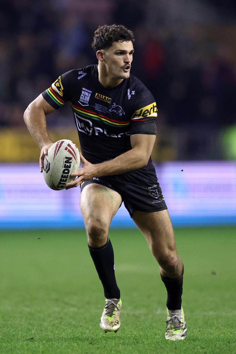 WIGAN, ENGLAND - FEBRUARY 24: Nathan Cleary of Penrith Panthers looks for the offload during the Betfred Super League Final match between Wigan Warriors v Catalans Dragons at DW Stadium on February 24, 2024 in Wigan, England. (Photo by Jan Kruger/Getty Images)