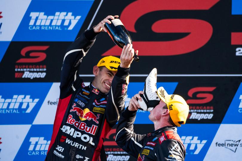 BATHURST, AUSTRALIA - FEBRUARY 25: (L-R) Broc Feeney driver of the #88 Red Bull Ampol Racing Chevrolet Camaro ZL1 and Will Brown driver of the #87 Red Bull Ampol Racing Chevrolet Camaro ZL1 during race 2 of the Bathurst 500, part of the 2024 Supercars Championship Series at Mount Panorama, on February 25, 2024 in Bathurst, Australia. (Photo by Daniel Kalisz/Getty Images)