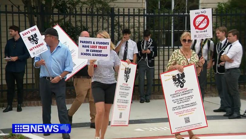 Parents and former students have protested outside Newington College, after the Sydney private school announced it would be going co-ed by 2033