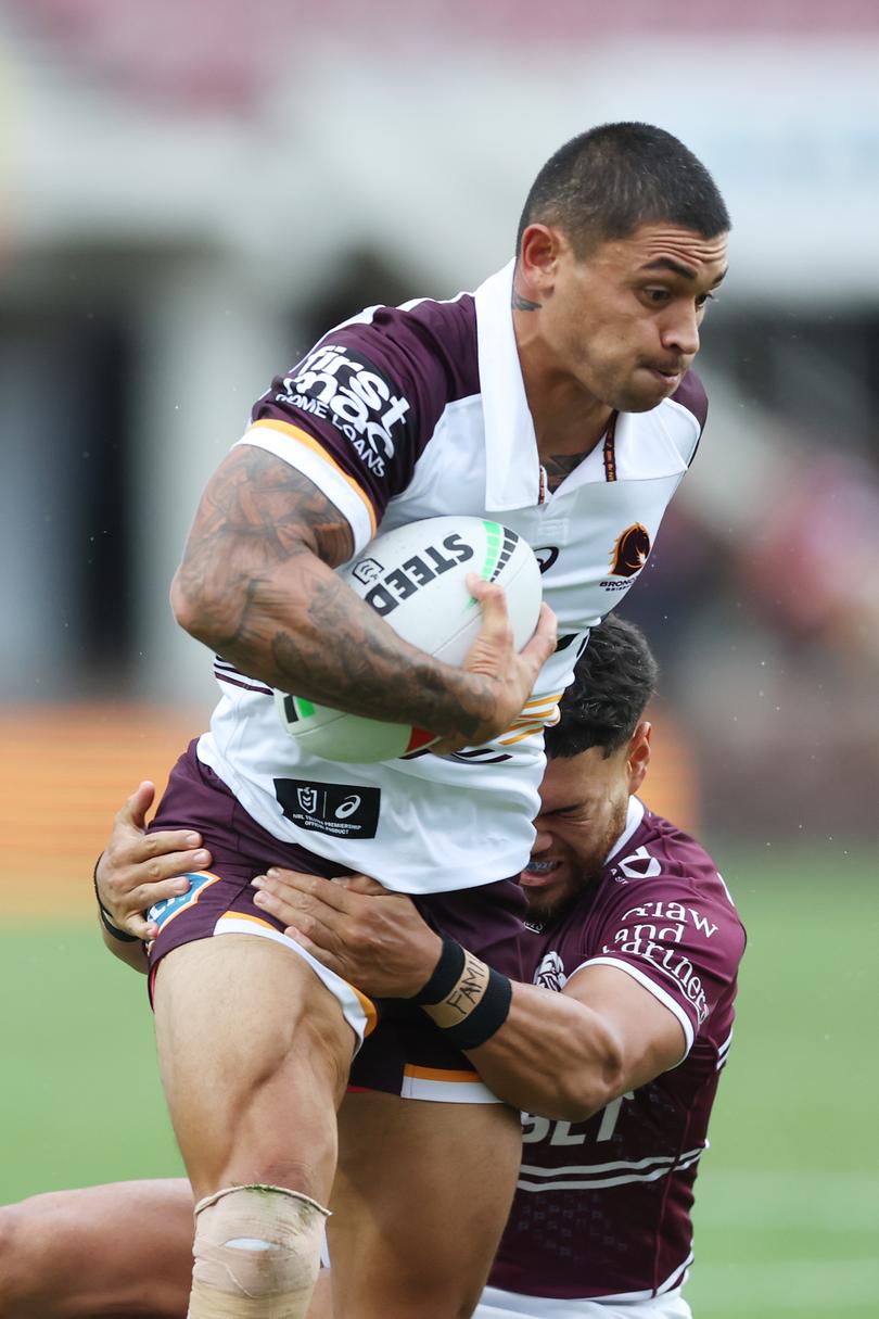 SYDNEY, AUSTRALIA - FEBRUARY 24:  Delouise Hoeter of the Broncos is tackled during the NRL Pre-season challenge match between Manly Sea Eagles and Brisbane Broncos at 4 Pines Park on February 24, 2024 in Sydney, Australia. (Photo by Mark Metcalfe/Getty Images)