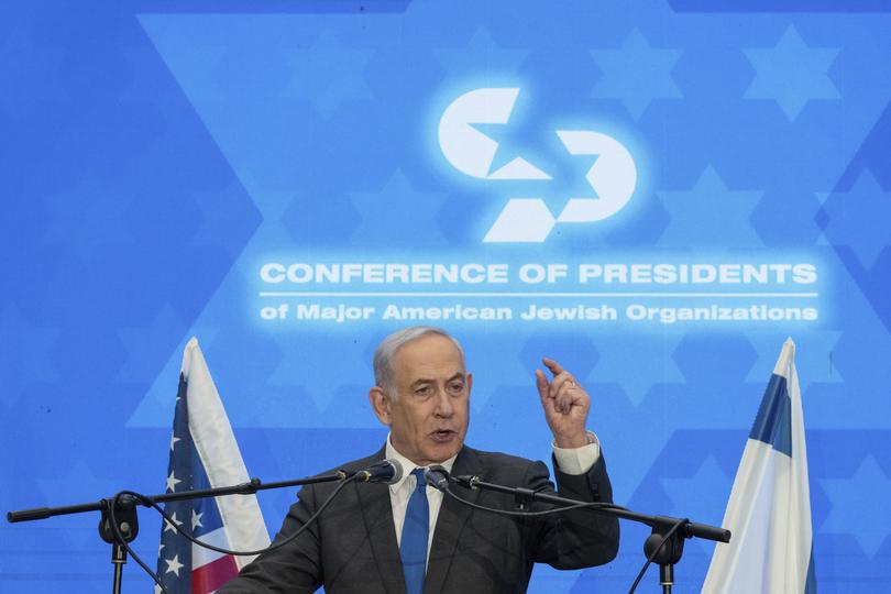 Prime Minister Benjamin Netanyahu speaks during a gathering of Jewish leaders at the Museum of Tolerance in Jerusalem, Sunday, Feb. 18, 2024. (AP Photo/Ohad Zwigenberg)