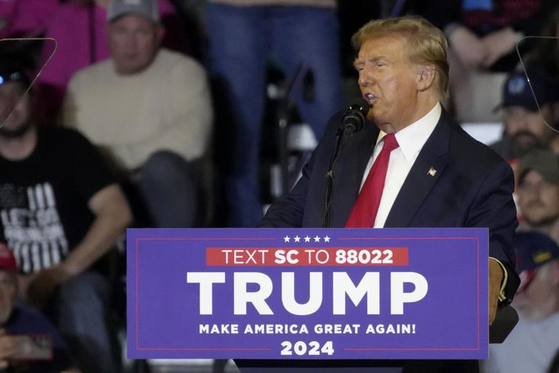 Former President Donald Trump speaks to supporters during a rally in the closing weeks ahead of South Carolina's Feb. 24 Republican presidential primary on Saturday, Feb. 10, 2024, in Conway, S.C. Trump is backed by a number of South Carolina elected officials who have endorsed him over former UN Ambassador Nikki Haley, who also served as the state's governor, in the GOP primary campaign. (AP Photo/Meg Kinnard)