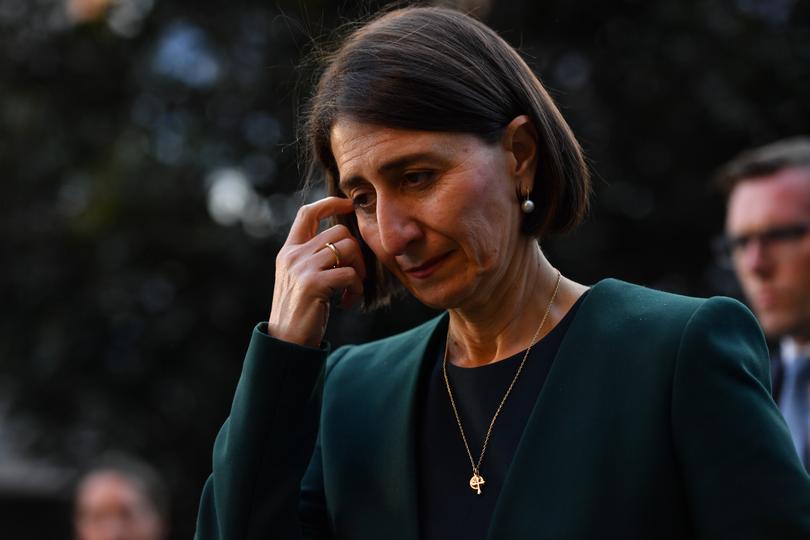 SYDNEY, AUSTRALIA - OCTOBER 12: NSW Premier Gladys Berejiklian during a press conference at NSW Parliament House after giving evidence at the NSW Independent Commission Against Corruption on October 12, 2020 in Sydney, Australia. The NSW Premier has been called to give evidence at the Independent Commission Against Corruption on Monday, as part of an inquiry into former Wagga Wagga Liberal MP Daryl Maguire. (Photo by Sam Mooy/Getty Images)