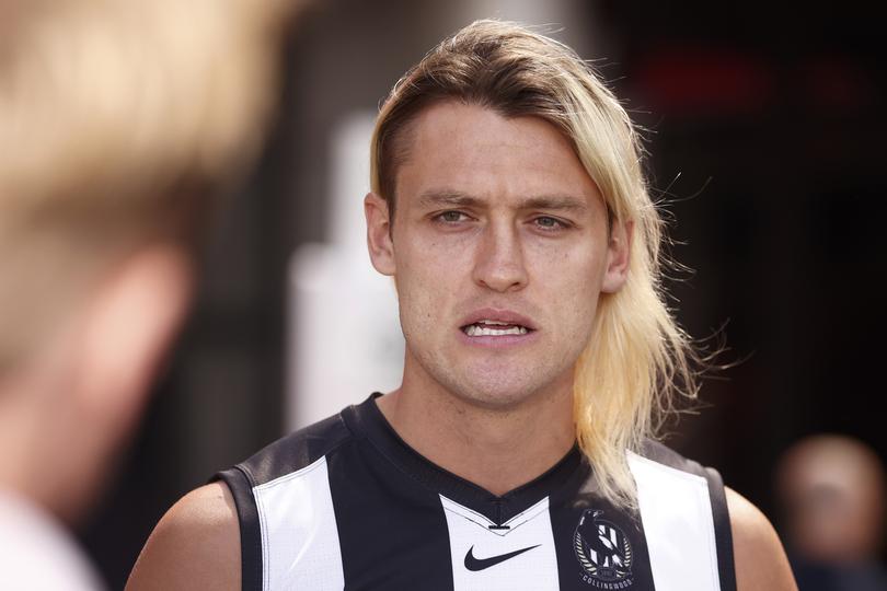 MELBOURNE, AUSTRALIA - FEBRUARY 26: Darcy Moore of the Magpies speaks to media during 2024 AFL Captain's Day at Marvel Stadium on February 26, 2024 in Melbourne, Australia. (Photo by Daniel Pockett/Getty Images)