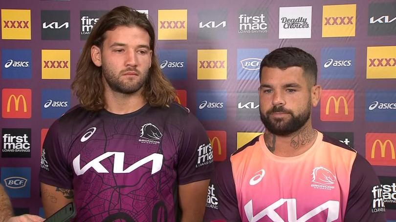 Brisbane Broncos captain Adam Reynolds (right) and his vice Patrick Carrigan (left) admit the timing of their late-night “wrestle” was terrible, ahead of the NRL club’s trip to Las Vegas to open the season.