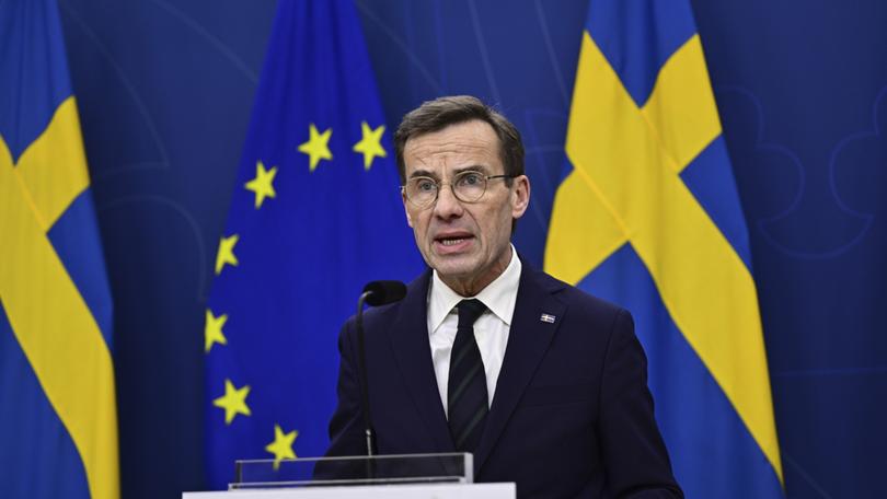 Sweden's Prime Minister Ulf Kristersson holds a press conference at the government headquarters.