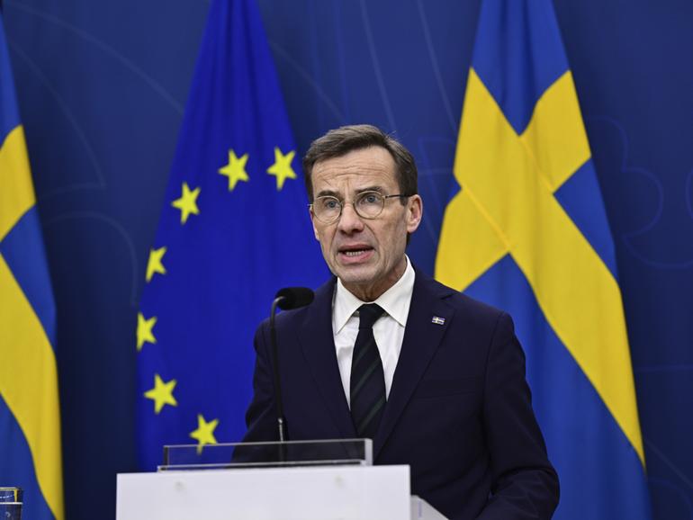 Sweden's Prime Minister Ulf Kristersson holds a press conference at the government headquarters.