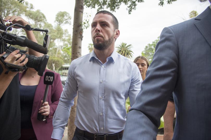 Zachary Rolfe arrives for the inquest into the death of Kumanjayi Walker at the Alice Springs Local Court in Alice Spring, Northern Territory, Wednesday, November 16, 2022. (AAP Image/Aaron Bunch) NO ARCHIVING