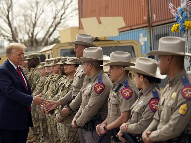 Republican presidential candidate former President Donald Trump greets members of Texas Department of Public Safety.