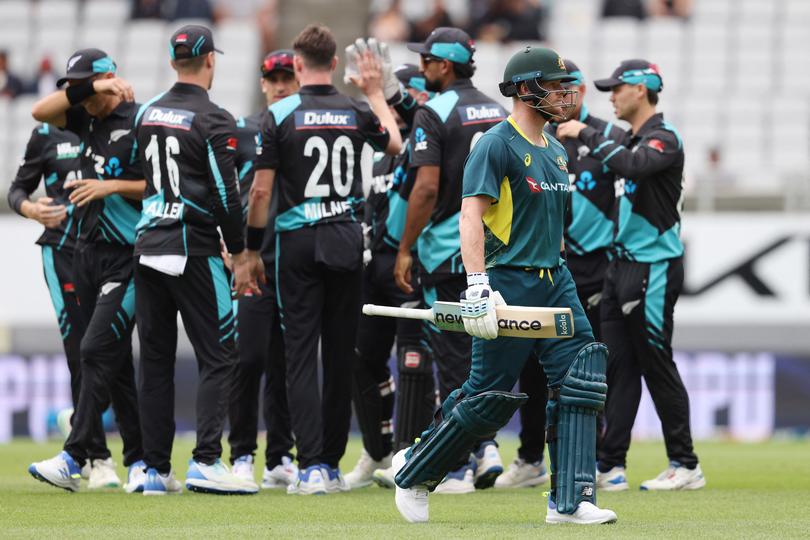 Australia’s Steve Smith walks off after being dismissed during the third Twenty20 international cricket match between New Zealand and Australia at Eden Park in Auckland on February 25, 2024. (Photo by MICHAEL BRADLEY / AFP)