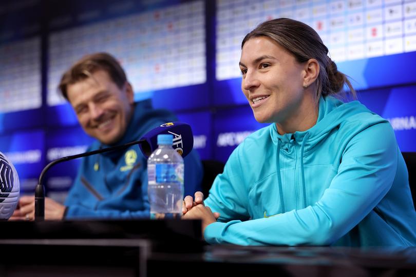 MELBOURNE, AUSTRALIA - FEBRUARY 27: Steph Catley (C) of the Matildas and Tony Gustavsson, Coach of the Matildas speak to media during an Australia Matildas press conference at Marvel Stadium on February 27, 2024 in Melbourne, Australia. (Photo by Kelly Defina/Getty Images)