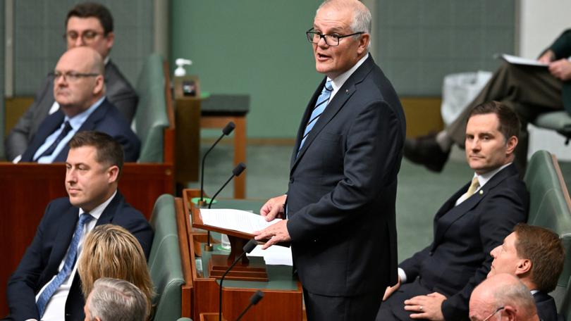 Former Australian Prime Minister Scott Morrison delivers his valedictory speech in the House of Representatives at Parliament House in Canberra, Tuesday, February 27, 2024. (AAP Image/Lukas Coch) NO ARCHIVING