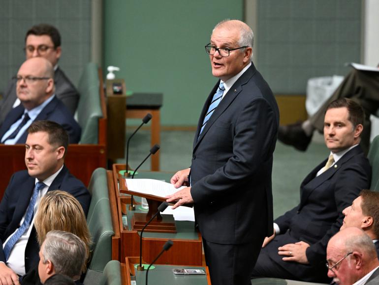 Former Australian Prime Minister Scott Morrison delivers his valedictory speech in the House of Representatives at Parliament House in Canberra, Tuesday, February 27, 2024. (AAP Image/Lukas Coch) NO ARCHIVING