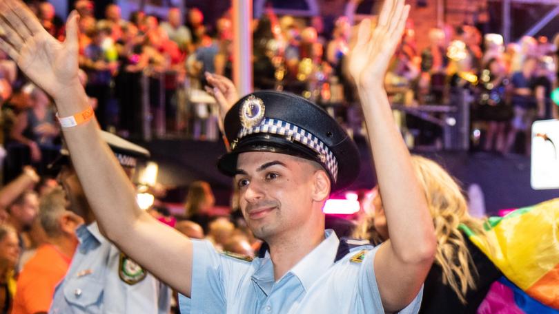 A file photo of Constable Beau Lamarre taking part in the 2020 Mardi Gras parade in Sydney. 