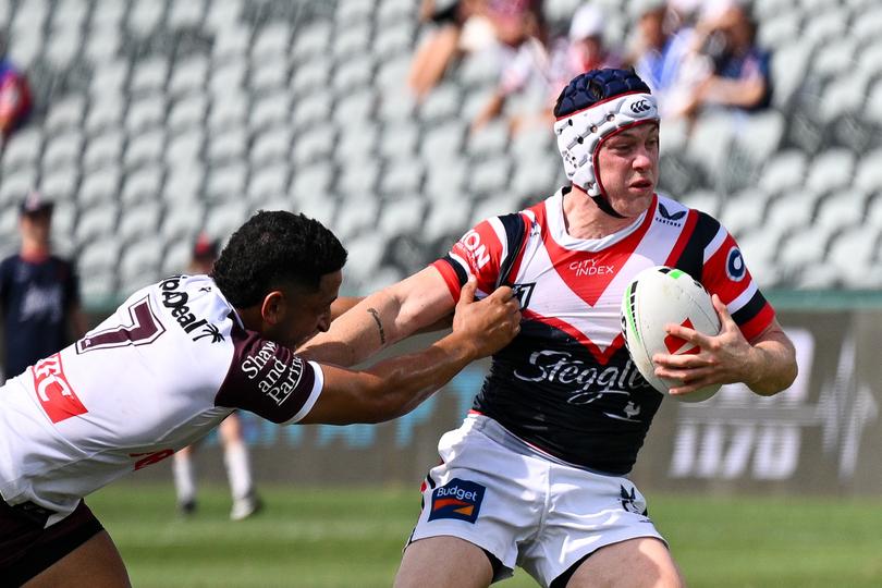 GOSFORD, AUSTRALIA - FEBRUARY 17: Luke Keary (R) of the Roosters is tackled by Brandon Wakeham (L) of Sea Eagles during the NRL Pre-season challenge match between Sydney Roosters and Manly Sea Eagles at Industree Group Stadium on February 17, 2024 in Gosford, Australia. (Photo by Izhar Khan/Getty Images)