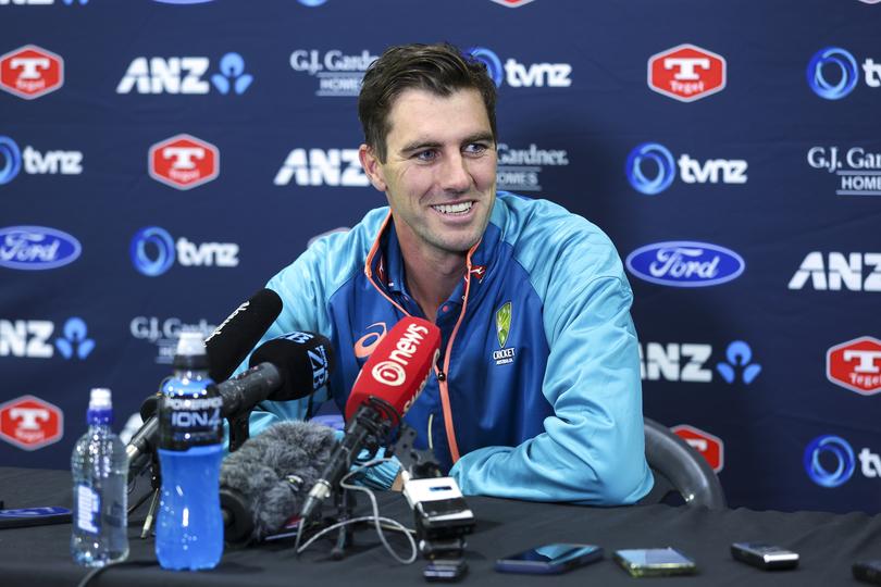 WELLINGTON, NEW ZEALAND - FEBRUARY 28: Pat Cummins of Australia speaks to media prior to a nets session ahead of the First Test in the series between New Zealand and Australia at Basin Reserve on February 28, 2024 in Wellington, New Zealand. (Photo by Hagen Hopkins/Getty Images)