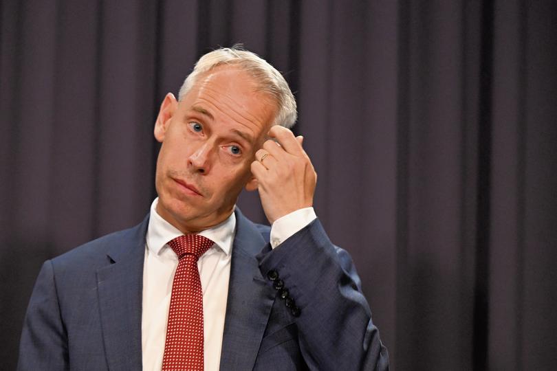 Australian Immigration Minister Andrew Giles speaks during a press conference at Parliament House in Canberra, Monday, 27 November, 2023. (AAP Image/Lukas Coch) NO ARCHIVING
