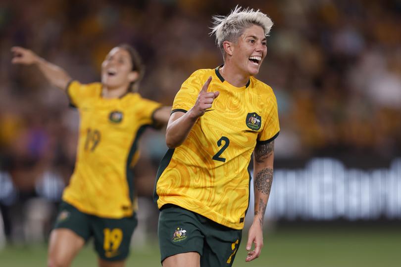 MELBOURNE, AUSTRALIA - FEBRUARY 28: Michelle Heyman of the Matildas celebrates a goal during the AFC Women's Olympic Football Tournament Paris 2024 Asian Qualifier Round 3 match between Australia Matildas and Uzbekistan at Marvel Stadium on February 28, 2024 in Melbourne, Australia. (Photo by Darrian Traynor/Getty Images)