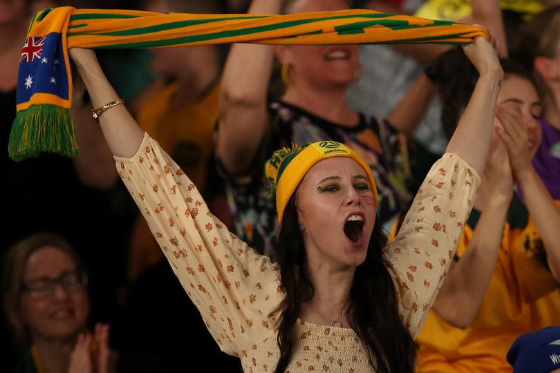 MELBOURNE, AUSTRALIA - FEBRUARY 28: Fans show support during the AFC Women's Olympic Football Tournament Paris 2024 Asian Qualifier Round 3 match between Australia Matildas and Uzbekistan at Marvel Stadium on February 28, 2024 in Melbourne, Australia. (Photo by Kelly Defina/Getty Images)