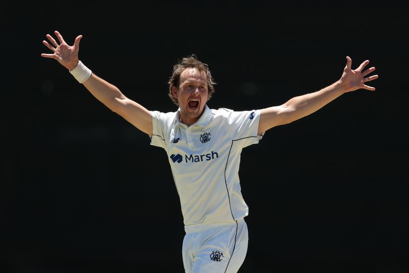 PERTH, AUSTRALIA - FEBRUARY 06: Joel Paris of Western Australia celebrates after taking the wicket LBW of Jack Edwards of New South Wales during the Sheffield Shield match between Western Australia and New South Wales at WACA, on February 06, 2024, in Perth, Australia. (Photo by Will Russell/Getty Images)