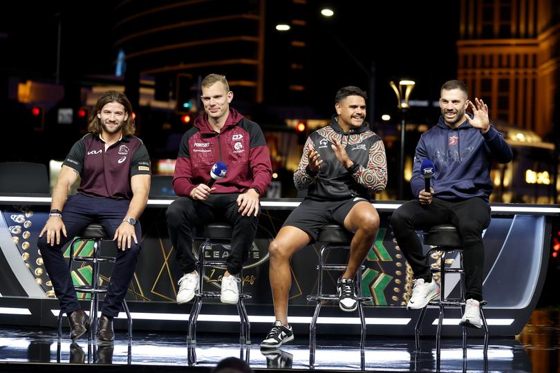 LAS VEGAS, NEVADA - FEBRUARY 28: (L-R) Pat Carrigan of the Brisbane Broncos, Tom Trbojevic of the Manly-Warringah Sea Eagles, Latrell Mitchell of the South Sydney Rabbitohs, and James Tedesco of the Sydney Roosters answer questions on the stage during Fox League's NRL Las Vegas Launch at Resorts World Las Vegas, on February 28, 2024, in Las Vegas, Nevada. (Photo by Ezra Shaw/Getty Images)