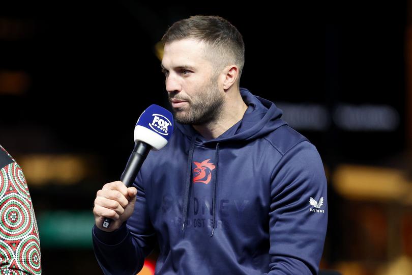 LAS VEGAS, NEVADA - FEBRUARY 28: James Tedesco of the Sydney Roosters answers questions on the stage during Fox League's NRL Las Vegas Launch at Resorts World Las Vegas, on February 28, 2024, in Las Vegas, Nevada. (Photo by Ezra Shaw/Getty Images)